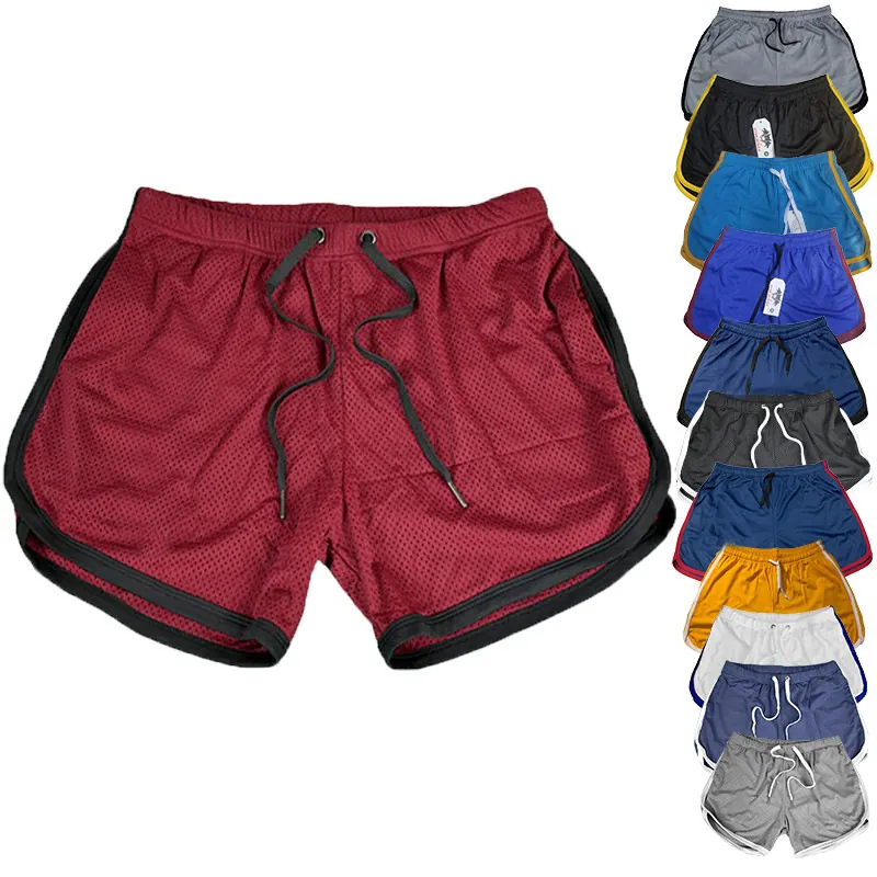 Heren Sneldrogende Mesh Sportshorts Ademende Fitness Training Hardloop Strandshort Met Contrastbies Elastische Taille Trekkoord