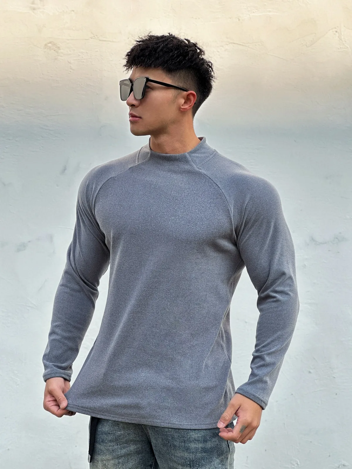 Men's Slim Fit Dralon Fleece Lined Muscle Long Sleeve Undershirt Round Neck Sport Base Layer Top Autumn Winter Warm Basic