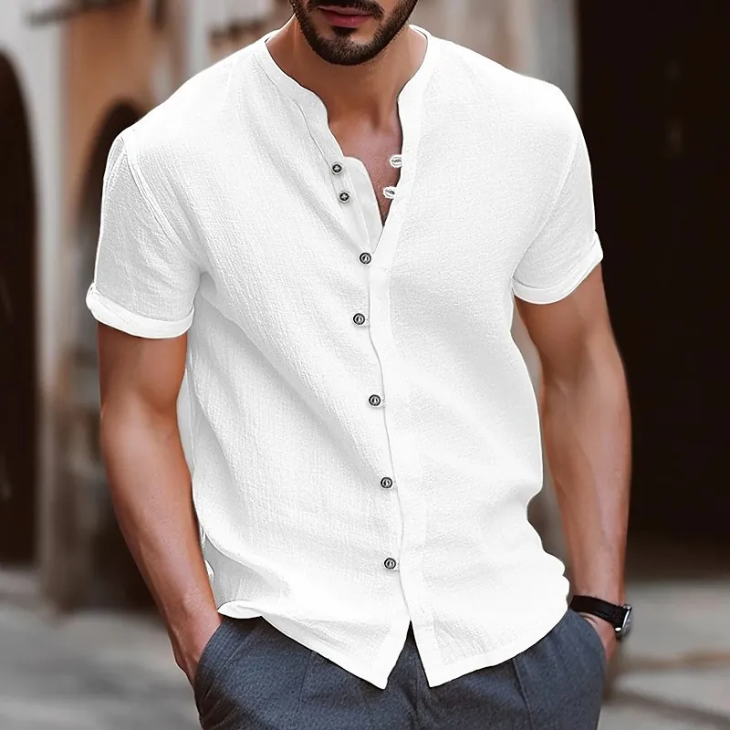 Chemise Henley Décontractée en Coton pour Hommes Vintage Bouton Manches Courtes Été Respirant Coupe Ample Couleur Unie Haut Mode