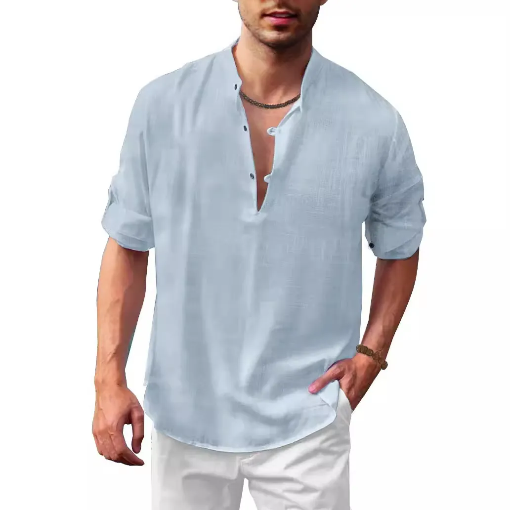 Men's Linen Henley Shirt Stand Collar Long Sleeve Casual Beach Top Breathable Summer Solid Color Lightweight Fashion Men's Clothing