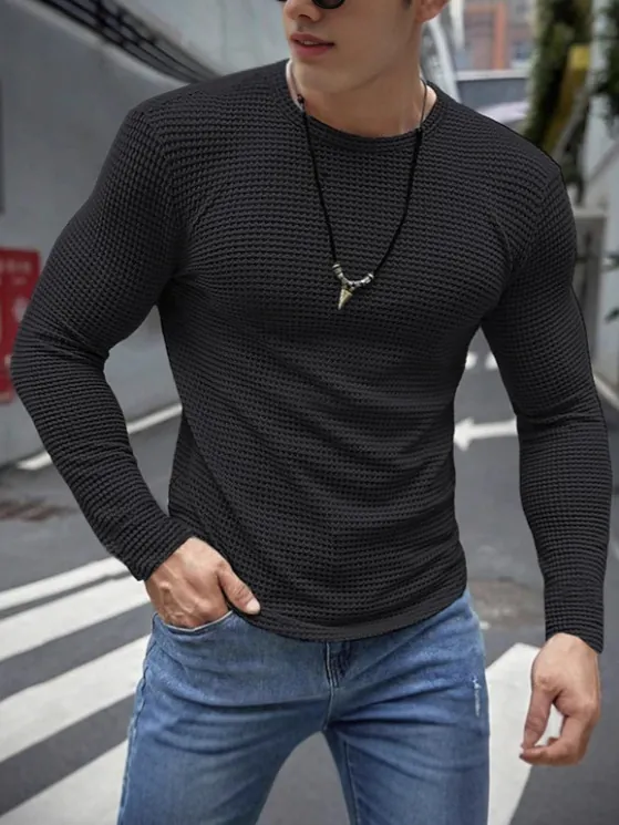 Herren Waffelstrick Slim Fit Muscle Langarm T-Shirt Lässig Rundhals Pullover Einfarbig Unterhemd Oberteil