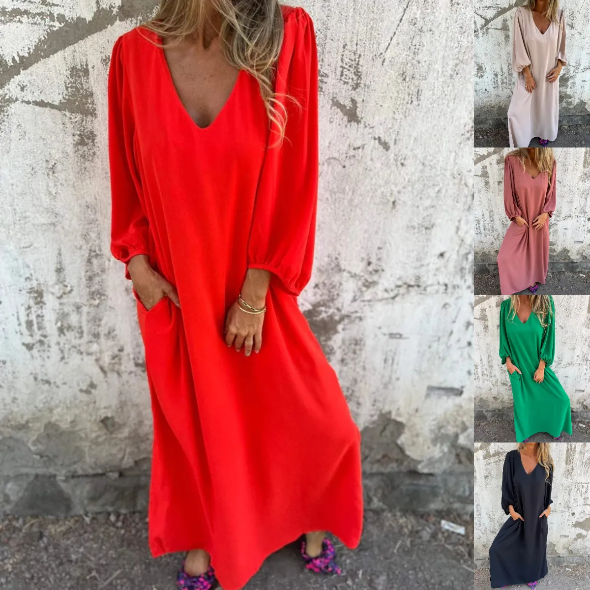 Women V Neck Lantern Sleeve Maxi Dress Casual Loose Fit Long Sleeve Solid Color Polyester Dress With Pockets For Autumn