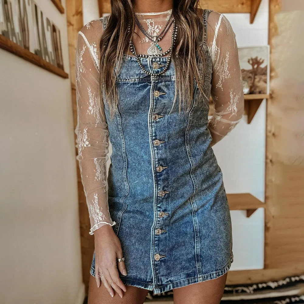 Dames Western Stijl Versleten Denim Mini Jurk Slim Fit Knoopsluiting Camisole Jeansjurk Vintage Mouwloze Denim Jurk