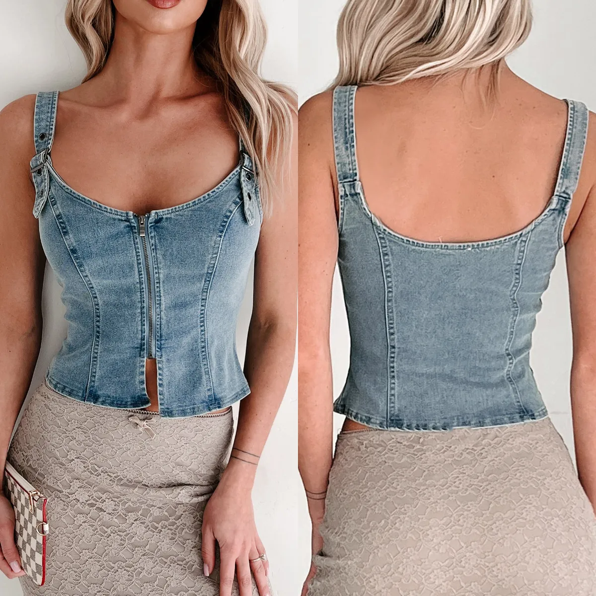 Women Washed Denim Corset Cami Top Slim Fit Front Zipper Sleeveless Vest Top With Adjustable Buckle Straps Summer Fashion Streetwear