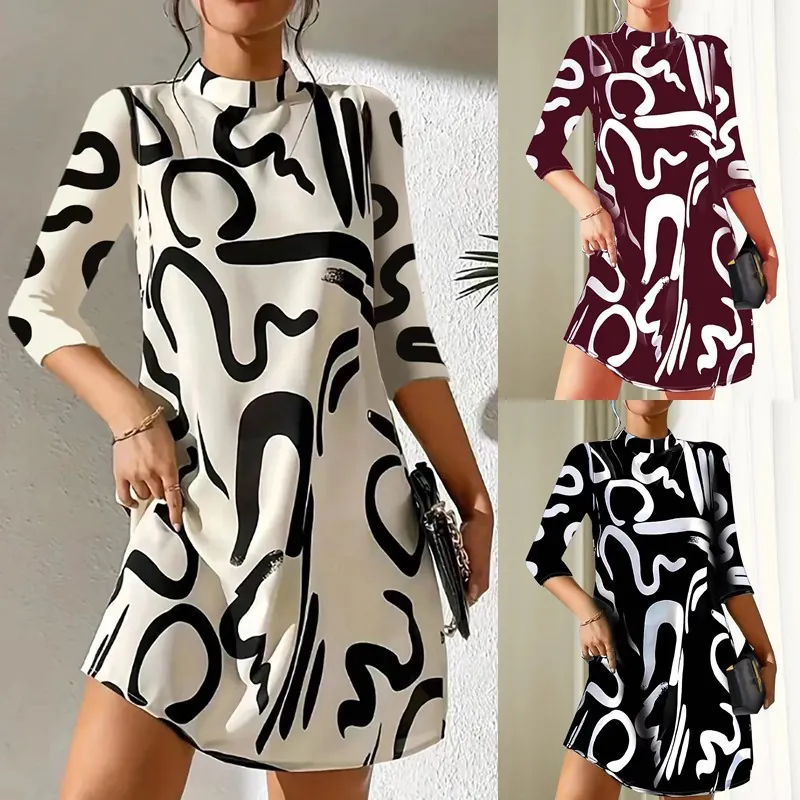 Women Polyester Printed Mock Neck 3/4 Sleeve A-Line Mini Dress Abstract Geometric Pattern Fashion Casual Autumn Clothing Top And Bottom