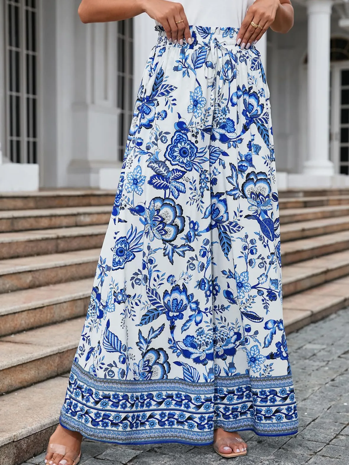 Damen Mode Hohe Taille Weite Hosen Blumen Tropischen Druck Lässig Bohemien Strand Hosen Sommer Palazzo Hosen Mit Taschen Kordelzug
