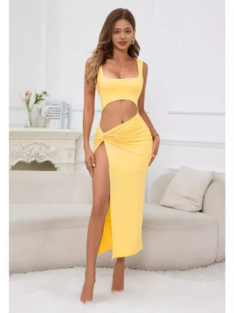 Vestito Maxi Sexy da Donna con Scollo Quadrato Senza Maniche Spacco Alto Aderente Vestito Lungo con Nodo in Vita