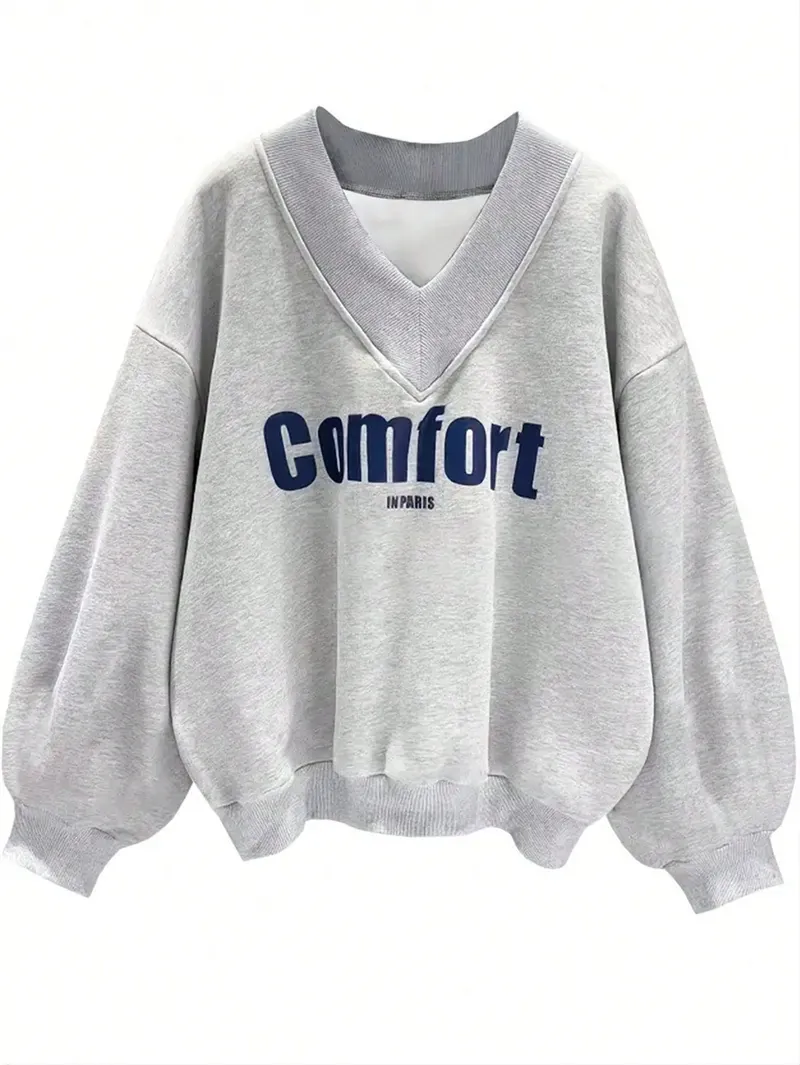 Sudadera Casual con Cuello en V para Mujer Estampado de Letras Suelto Pulóver de Manga Larga Mezcla de Algodón Streetwear