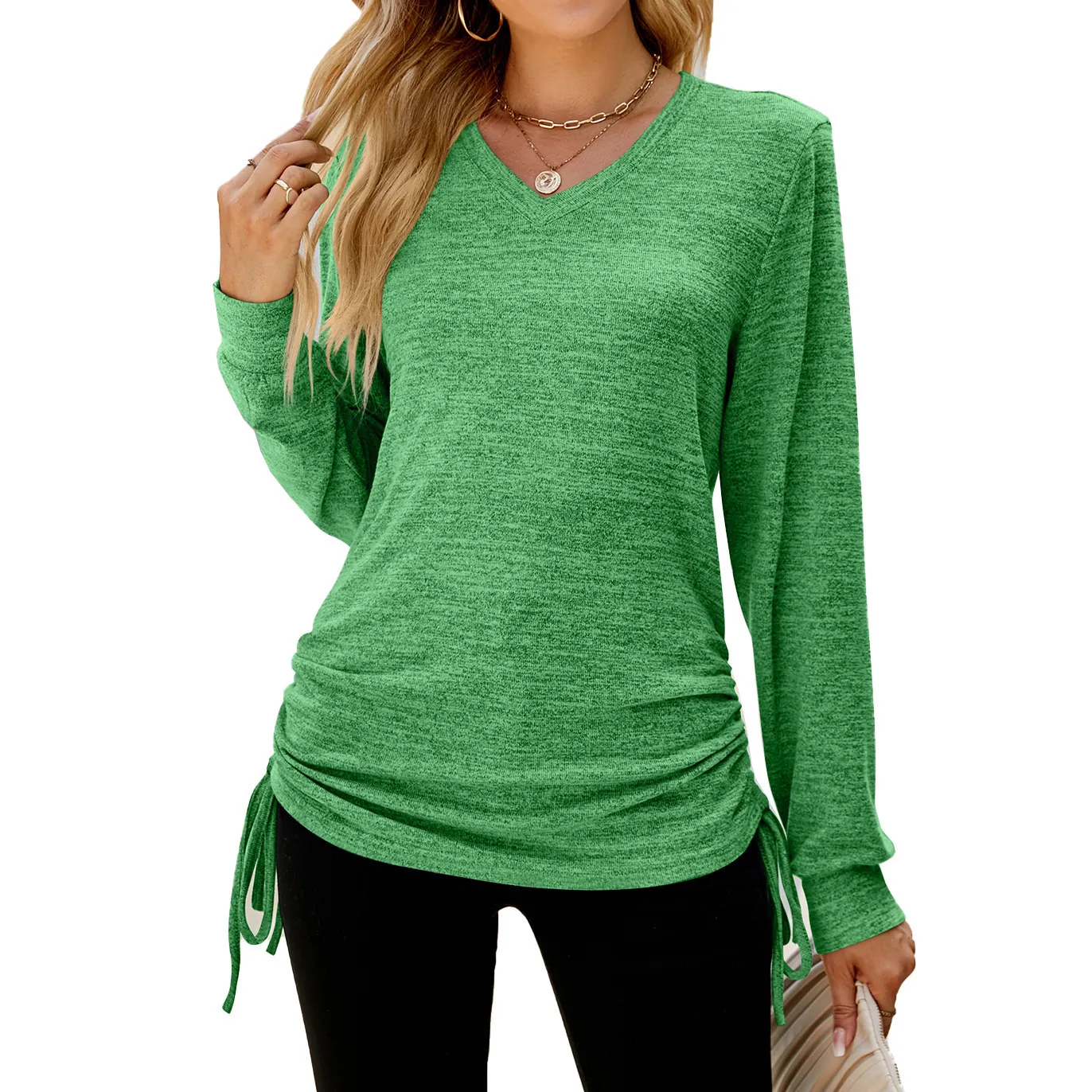 Women's Casual V-Neck Long Sleeve T-Shirt Loose Solid Color Pullover Top With Side Drawstring Ruched Detail Fall Fashion Clothing
