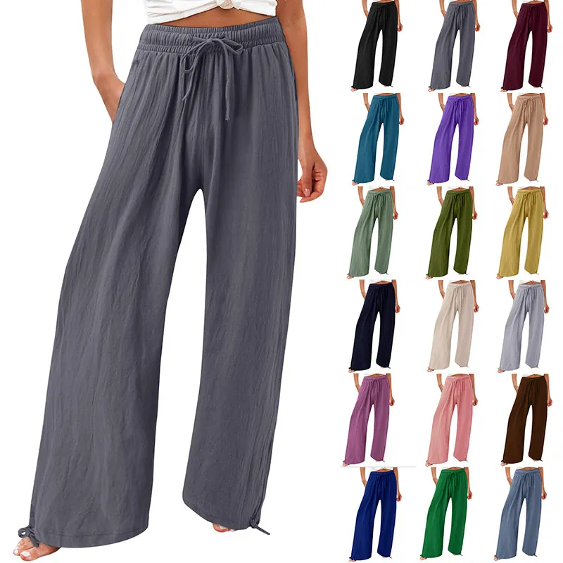 Women High Waist Wide Leg Pants Solid Color Pleated Elastic Drawstring Beach Holiday Casual Loose Long Pants Trousers