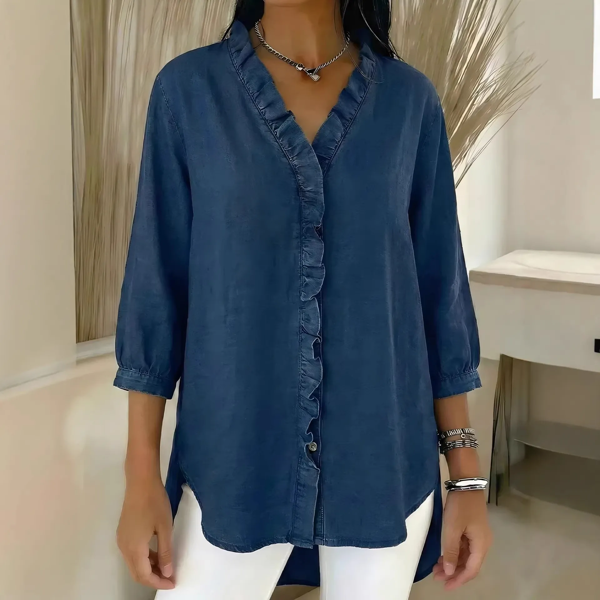 Women Casual V-Neck Ruffle Trim Polyester Chambray-Look Shirt Top 3/4 Sleeve High-Low Hem Solid Color Commuting Blouse