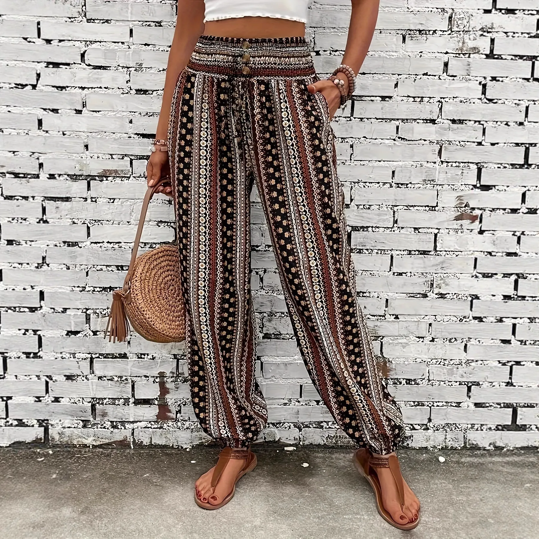 Pantalones Jogger Bohemios con Estampado Étnico para Mujer Cintura Alta Sueltos de Poliéster Estampado Tobillo con Puño Vacaciones