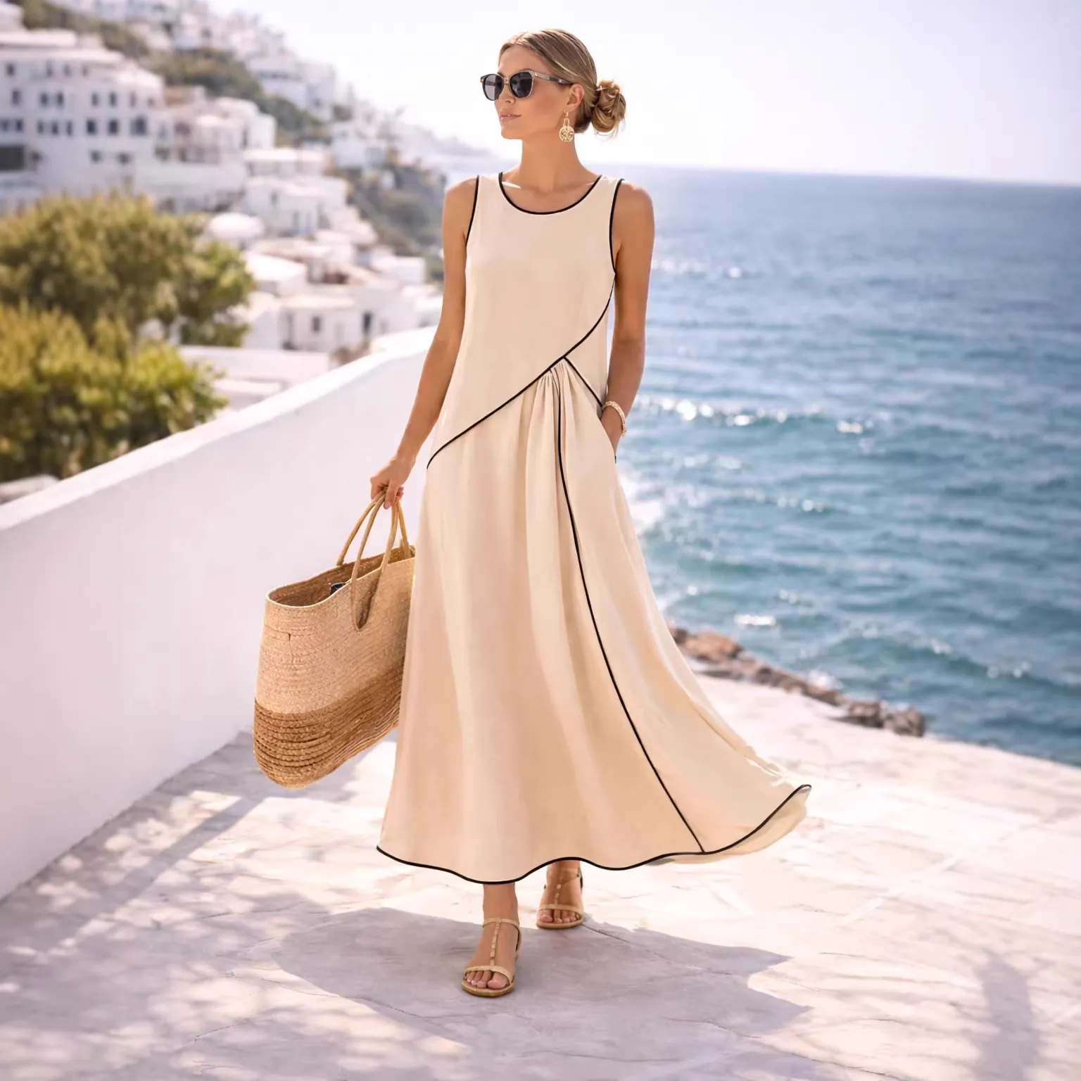Abito Lungo da Donna Stile Vacanza Mediterraneo con Bordo a Contrasto Senza Maniche a Trapezio in Poliestere per Spiaggia