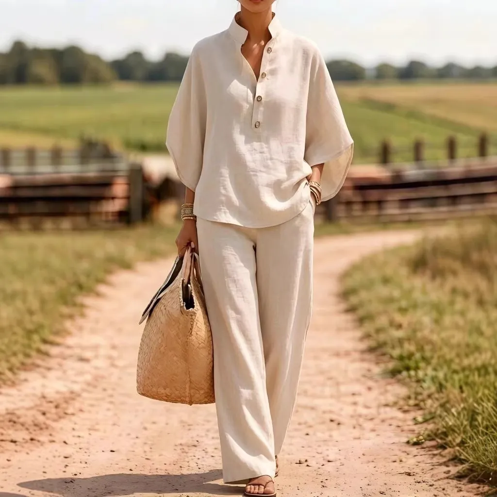 Dames Casual Linnenmix Top And Bottom Set Shirt met Knopen en Wijde Pijpen Broek Comfort Mode Lente Zomer Outfit