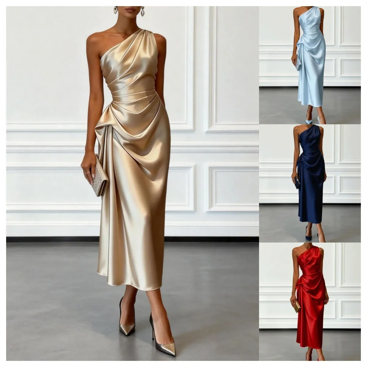 Women Elegant One Shoulder Satin Evening Gown Ruched Slim Fit Sleeveless Solid Color Maxi Dress For Banquet Party Top And Bottom