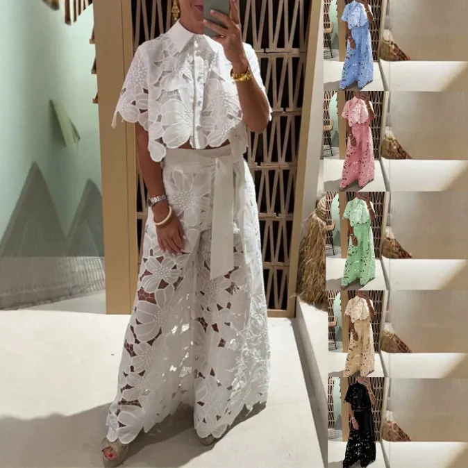 Haut Et Bas Femmes Ajouré Floral Dentelle Broderie Cardigan Et Pantalon Large Élégant Tenues De Vacances Polyester Couleur Unie