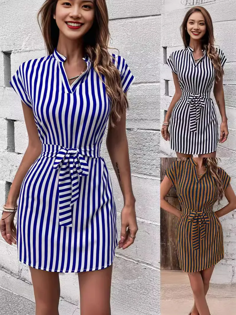Women Striped V-Neck Batwing Sleeve Mini Dress Casual Tie-Waist Printed Polyester Pullover Slim Fit Summer Holiday Dress