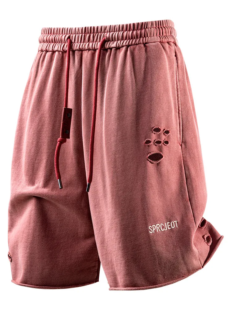 Men Streetwear Cotton Cargo Shorts Embroidered Distressed Raw Hem Retro Loose Straight Casual Sweat Bottom Shorts For Summer