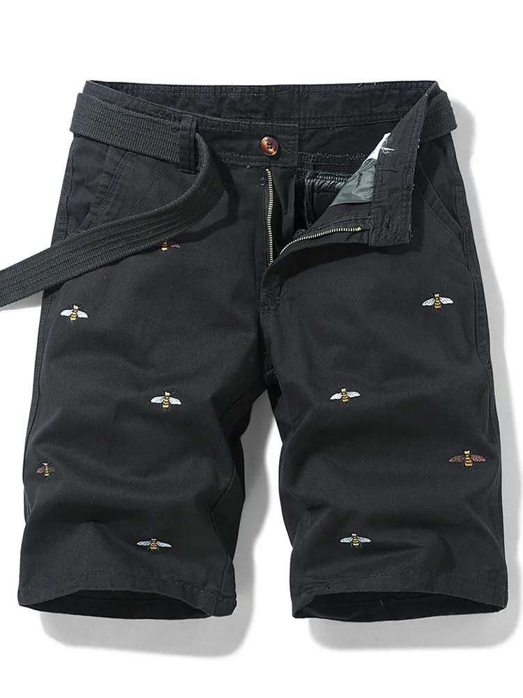 Men's Vintage Cargo Shorts With Bee Embroidery Cotton Casual Loose Fit Belted Half Pants Retro Style Bottoms