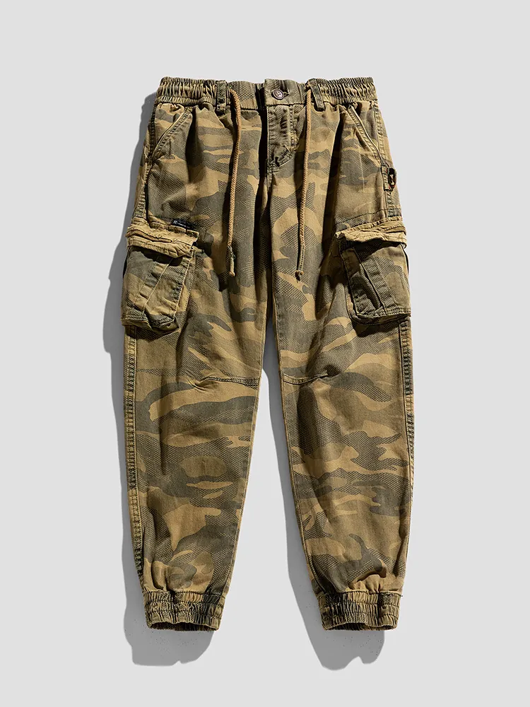 Men American Retro Camouflage Cargo Pants High Street Loose Elastic Waist Multi Pocket Joggers Workwear Bottoms
