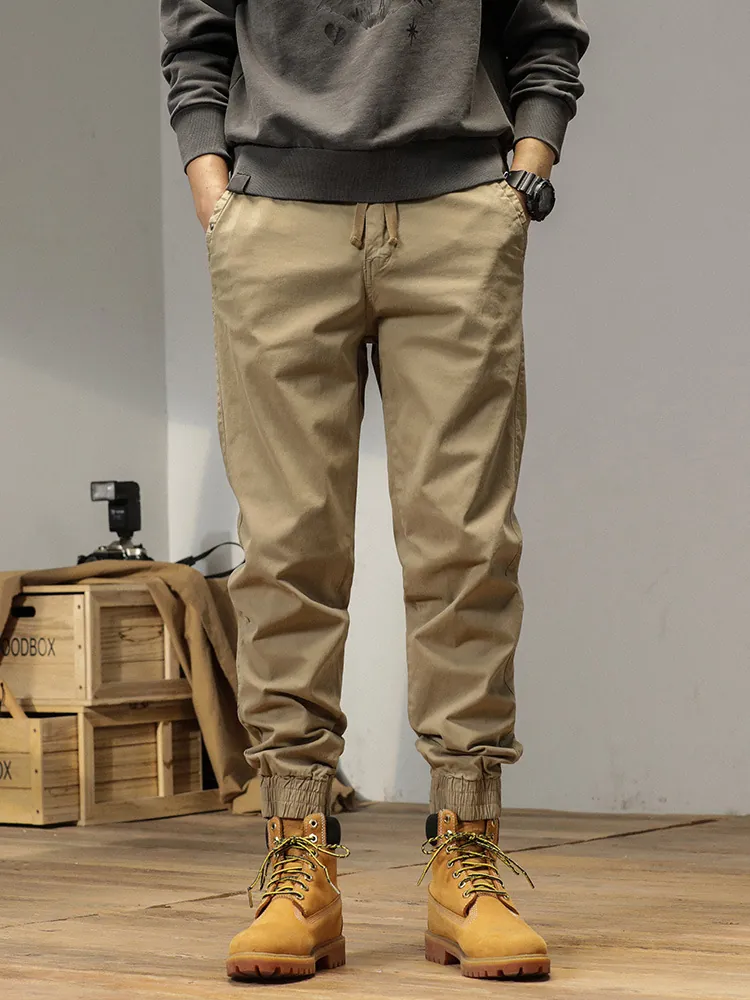 Men's Vintage Japanese Style Elastic Cargo Pants Joggers Multi-Pocket Outdoor Mountain Sports Cotton Blend Drawstring Trousers
