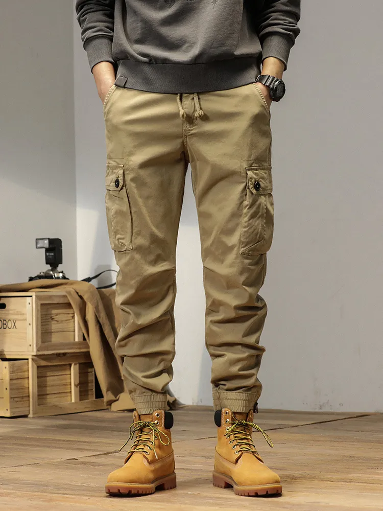 Men's American Vintage Cargo Jogger Pants Loose Fit Multi Pocket Cotton Trousers Mountain Style Casual Outdoor Workwear Pants