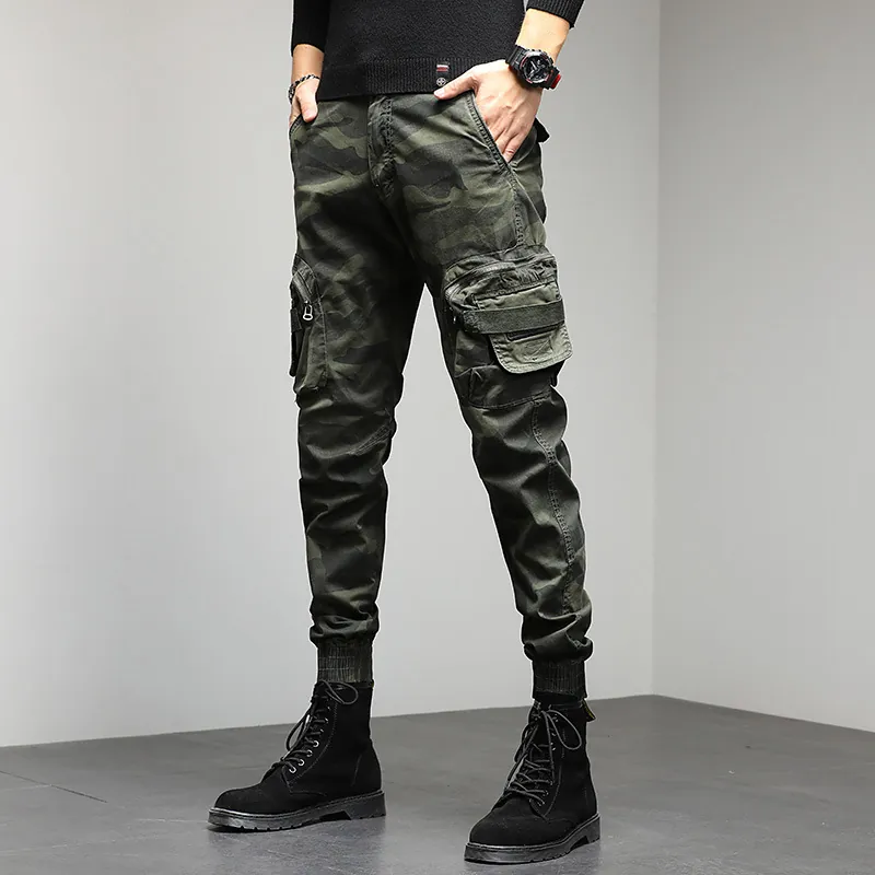 Pantalon Cargo Camouflage Vintage Américain pour Hommes High Street Multi-Poches Jogging en Coton Élasthanne Bottom