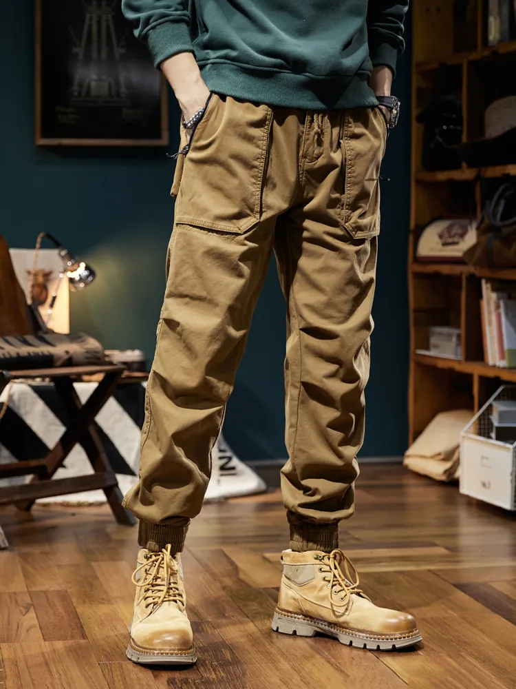 Men's Winter Fleece Lined Cargo Pants Retro Mountain Style Cuffed Jogger Sweatpants Casual Multi Pockets Outdoor Warm Trousers