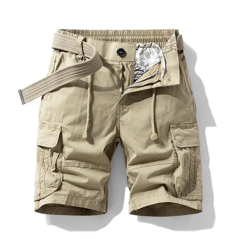 Men's Vintage Cotton Cargo Shorts With Belt Multi-Pocket Loose Fit Summer Casual Outdoor Woven Bottoms Khaki Army Green