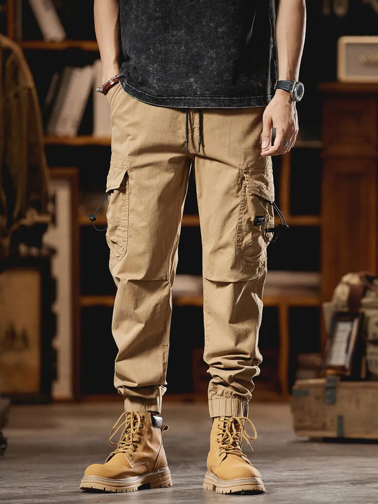 Men's Cargo Jogger Pants American Retro Streetwear Multi-Pocket Cotton Blend Casual Trousers Loose Fit Joggers For Men