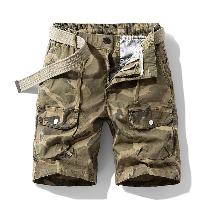 Men Retro Camouflage Cargo Shorts Multi-Pocket Cotton Camo Work Shorts With Belt For Men Casual Outdoor Military Bottom