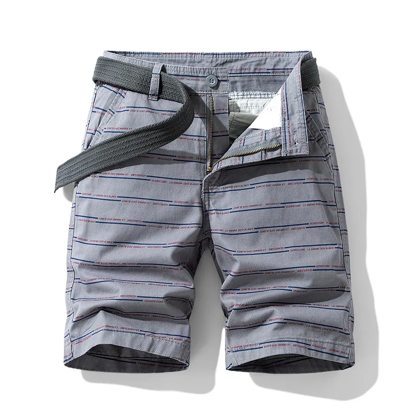 Men's Summer Casual Cotton Cargo Shorts Striped Print Loose Fit Work Shorts With Woven Belt Vintage Five-Point Pants Daily Wear