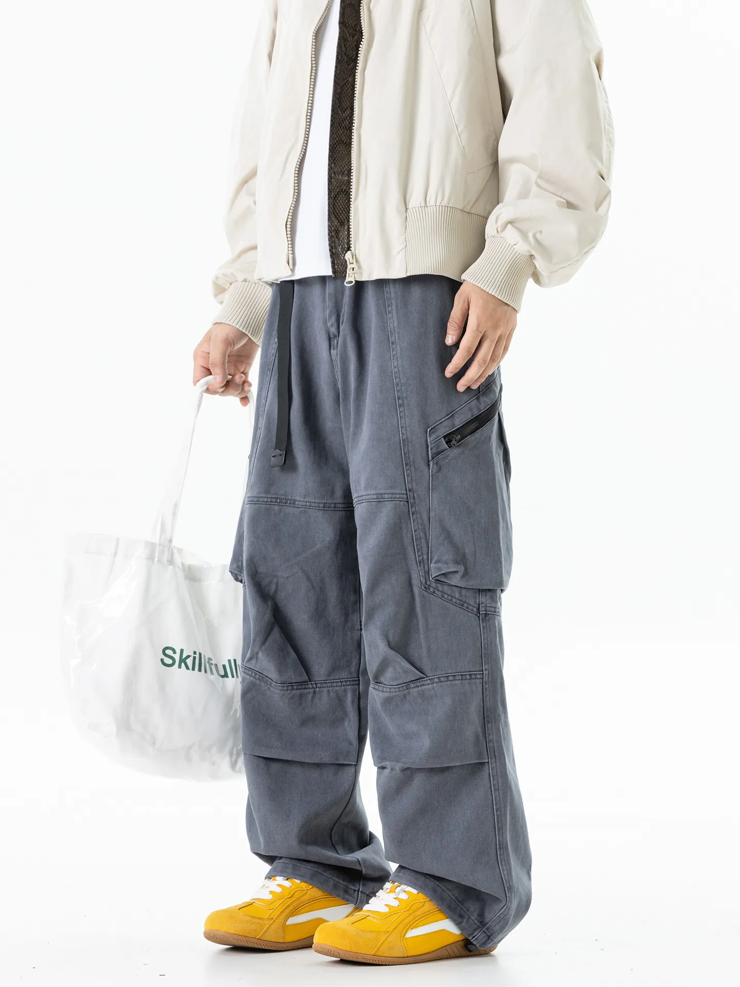 Cotton Men Loose Straight Cargo Pants Multi-Pocket Outdoor Gorpcore Trousers Japanese Style Casual Workwear Bottom With Drawstring