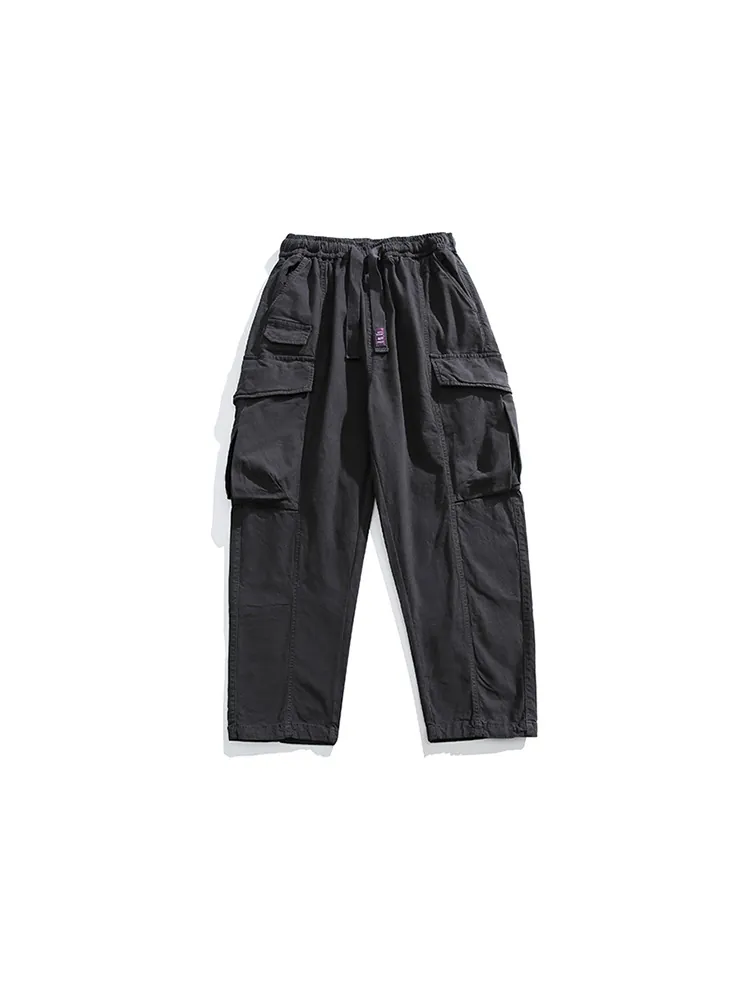 Men's Fashion Straight Leg Multi-Pocket Cargo Pants 100% Cotton Casual Solid Color Drawstring Waist Urban Style Work Trousers