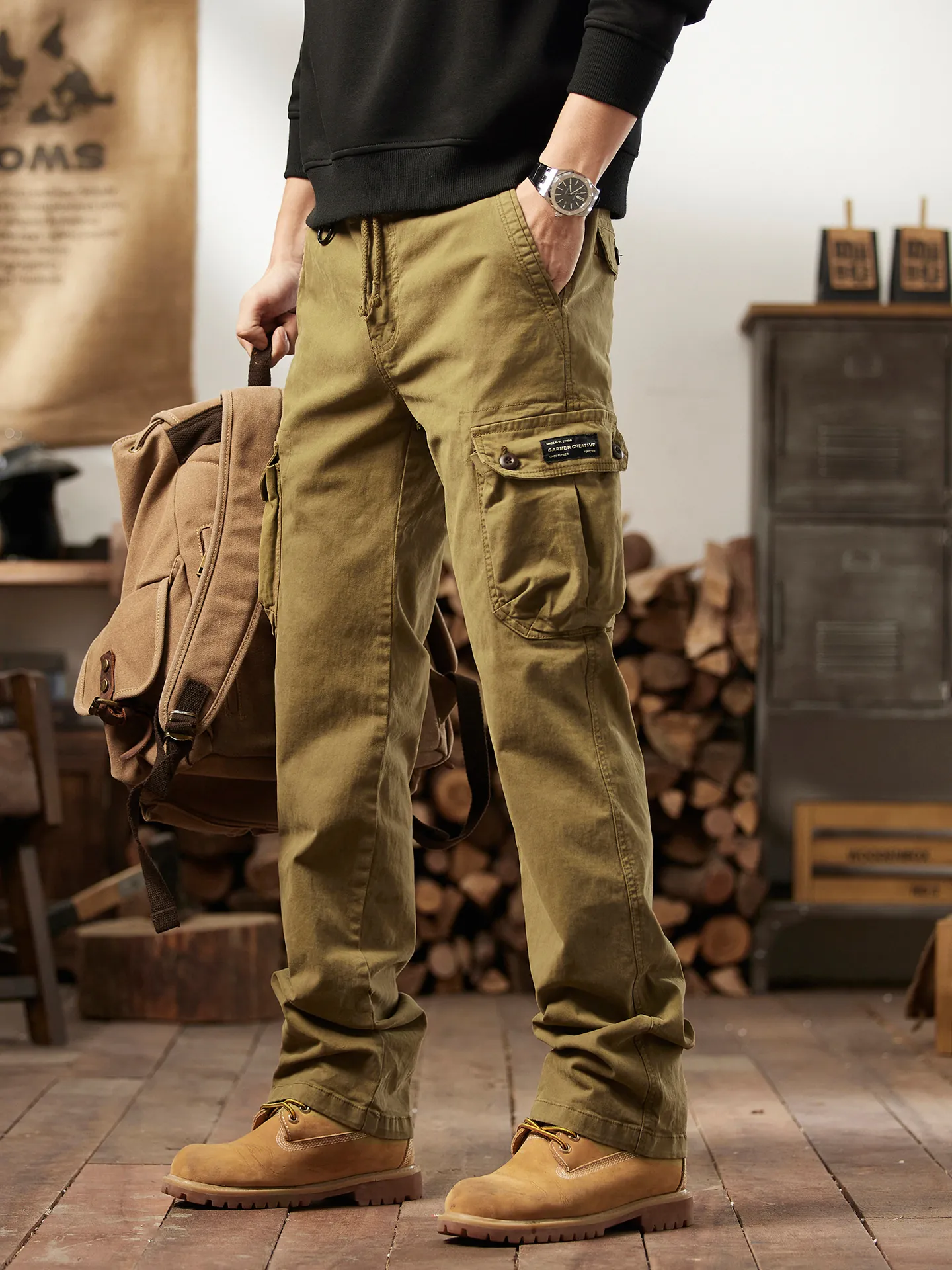 Men's American Vintage Cargo Pants Multi-Pocket Loose Straight Leg Outdoor Work Trousers Cotton Blend Casual Streetwear Bottom