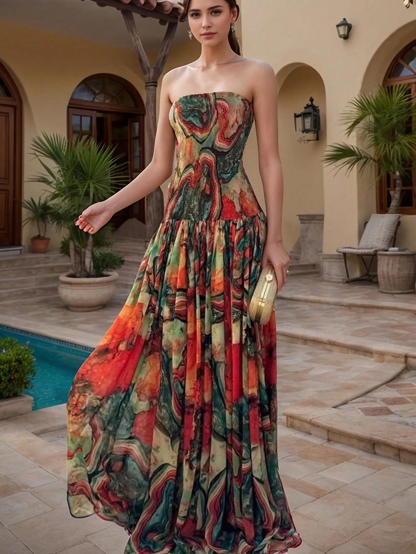 Women Elegant Strapless Smocked Maxi Dress Abstract Multi Color Sea Shell Printed Long Dress For Vacation Party Beach Wear