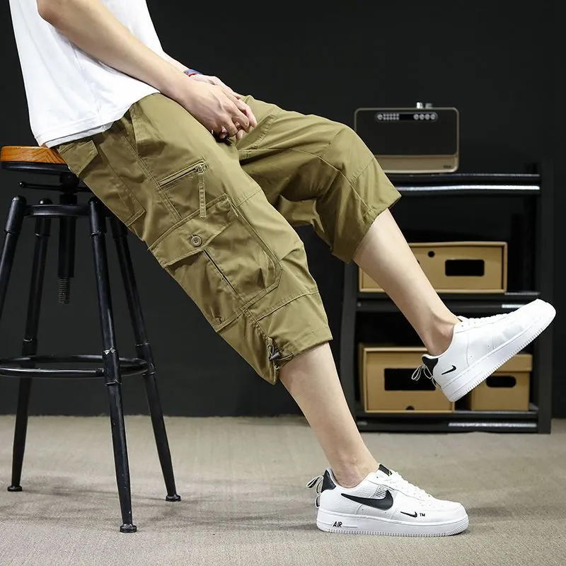 Men Summer Thin Cargo Capri Pants Casual Loose Multi Pocket Cotton Washed Breathable Outdoor Work Sport Shorts Bottom