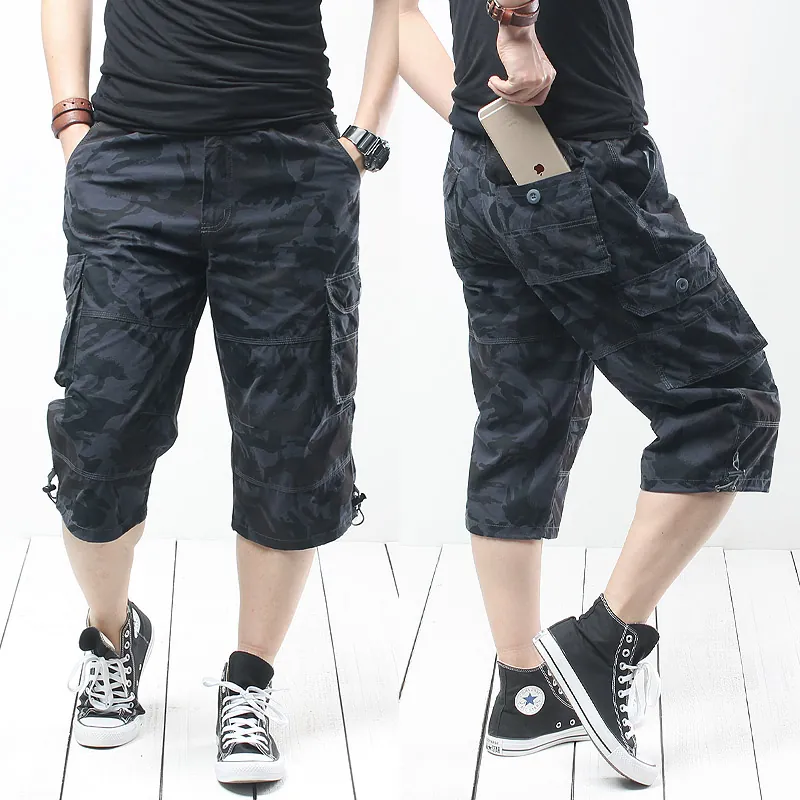 Men Summer Loose 100% Cotton Cargo 7-Point Pants Multi-Pocket Plus Size Casual Outdoor Camouflage Shorts Bottom