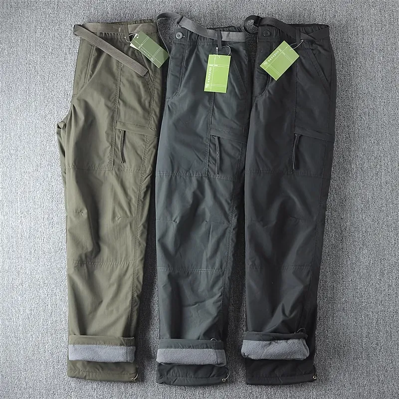 Men's Winter Fleece Lined Cargo Pants Thick Outdoor Hiking Trousers Multi Pocket Straight Fit Warm Tactical Pants With Belt