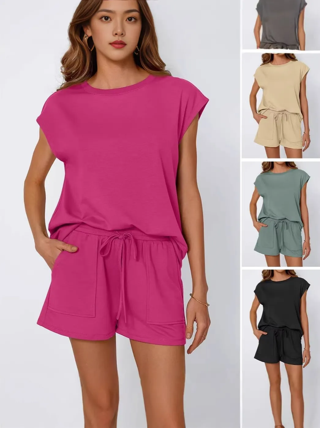 Conjunto Casual De Poliéster Para Mujer Top Y Bottom Camiseta De Cuello Redondo Manga Corta Y Pantalones Cortos Con Cordón Y Bolsillos Color Sólido
