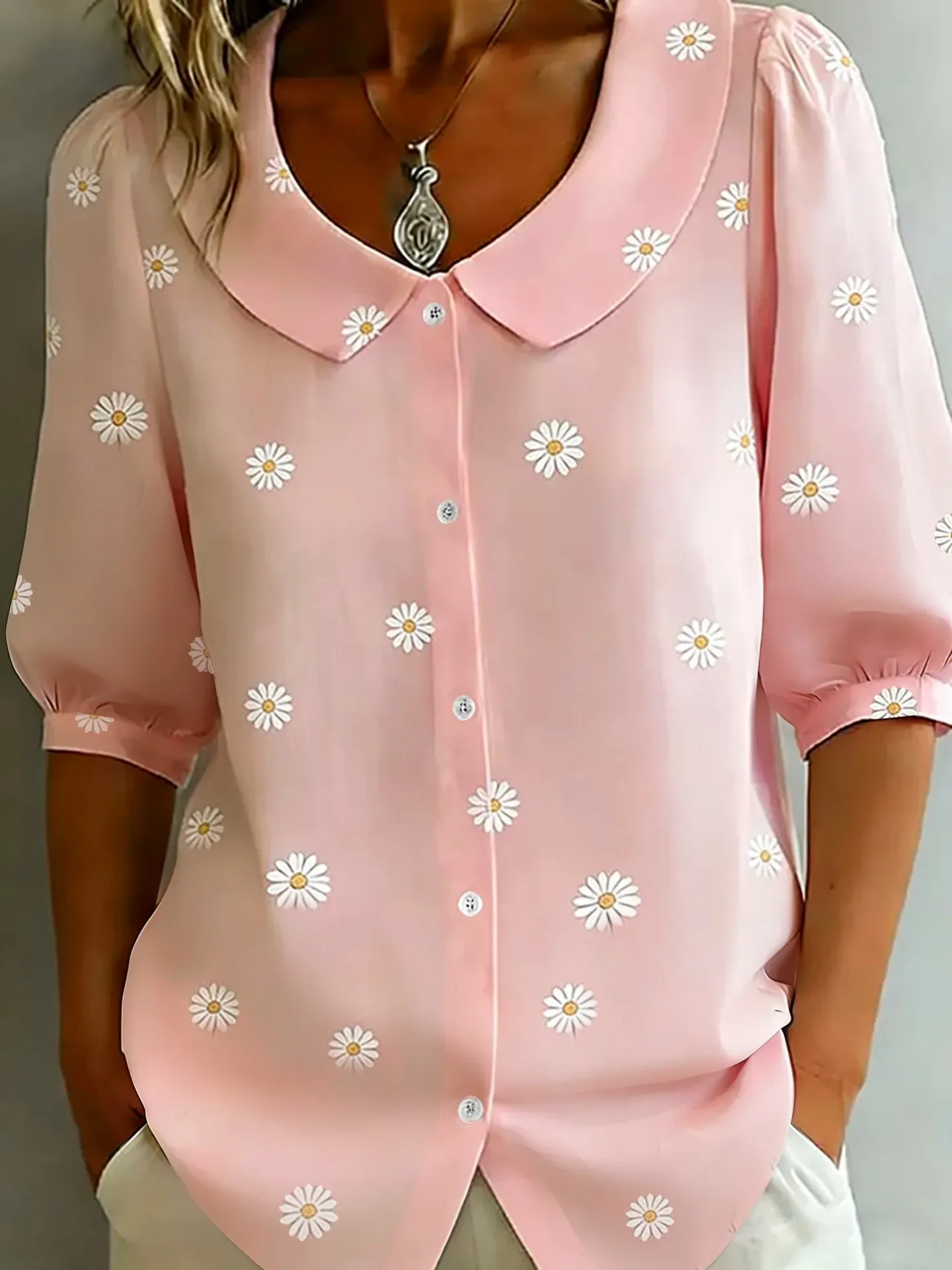 Women Floral Print Blouse Elegant Peter Pan Collar Puff Sleeve Polyester Button Up Casual Shirt Top For Daily Commuting