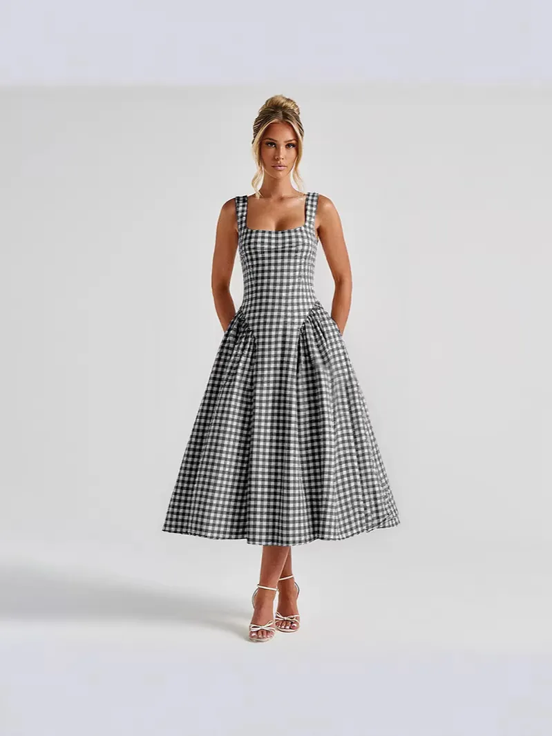 French Plaid Printed Midi Dress For Women Backless Slim Fit Square Neck Gingham Princess Dress Casual Summer Holiday Party Dress