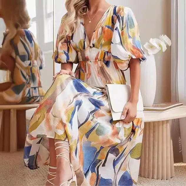 Vestido Midi Bohemio Floral para Mujer Cuello en V Manga Abullonada Cintura Fruncida Línea A Escalonada Vestido de Playa Verano Casual Fluido Top And Bottom