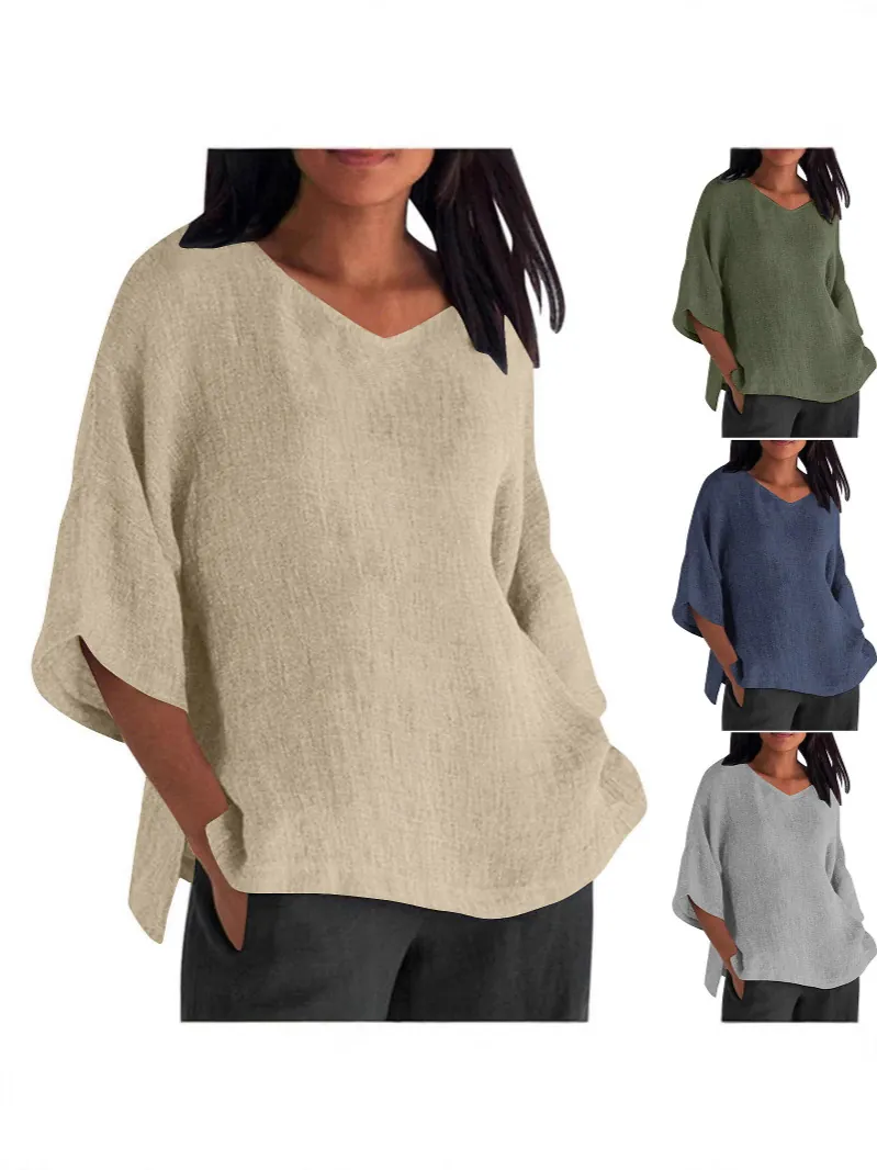 Top Holgado con Cuello en V para Mujer de Ramio y Spandex Camiseta Transpirable de Media Manga Color Sólido Casual con Aberturas Laterales Estilo Intelectual