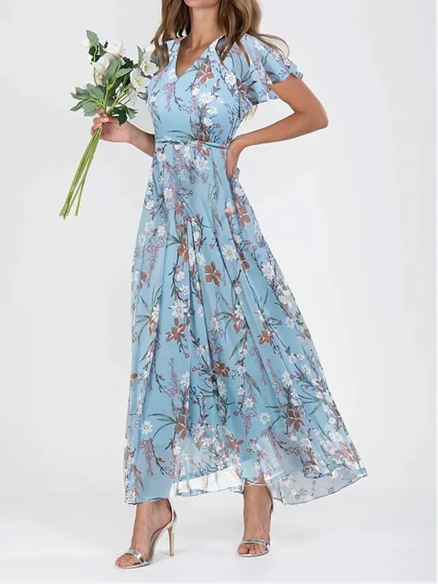 Women Chiffon Floral Print V-Neck Ruffle Short Sleeve High Waist Maxi Dress Elegant Summer Beach Party Swing Dress