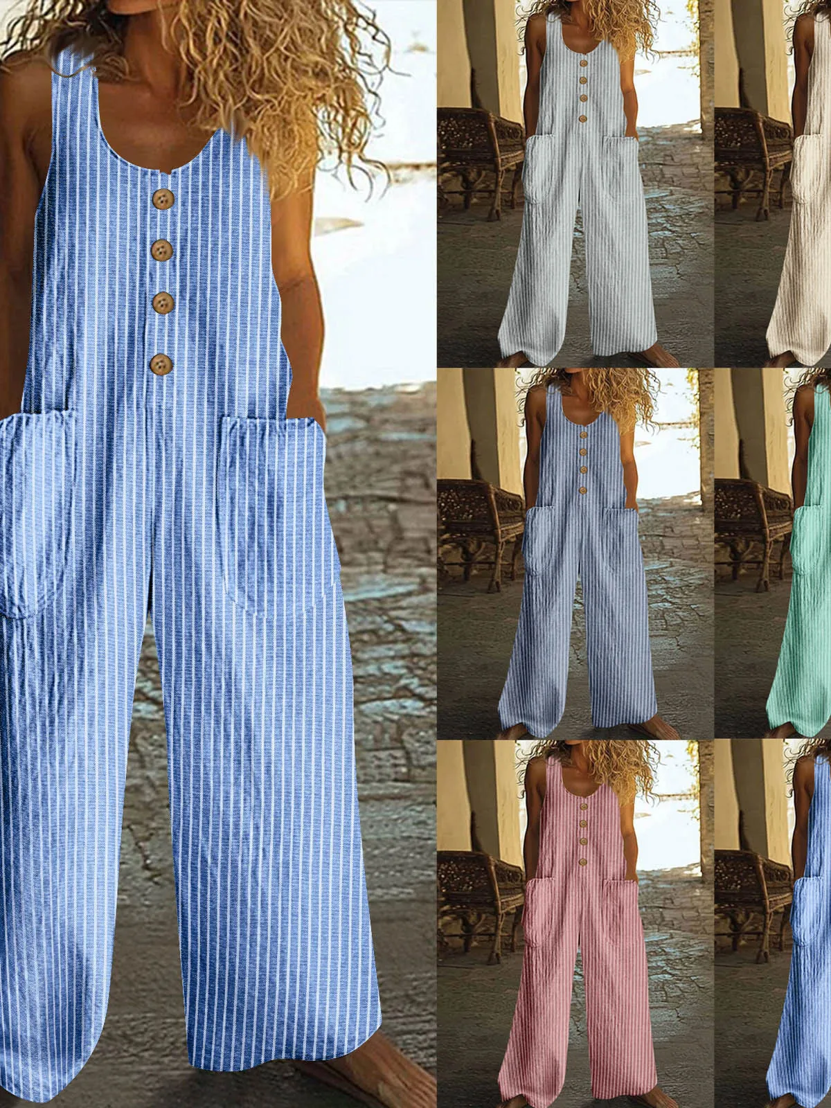 Combinaison Femme Décontractée Rayée en Coton et Lin avec Poches Boutons Coupe Large Sans Manches Pantalon Vacances Boho