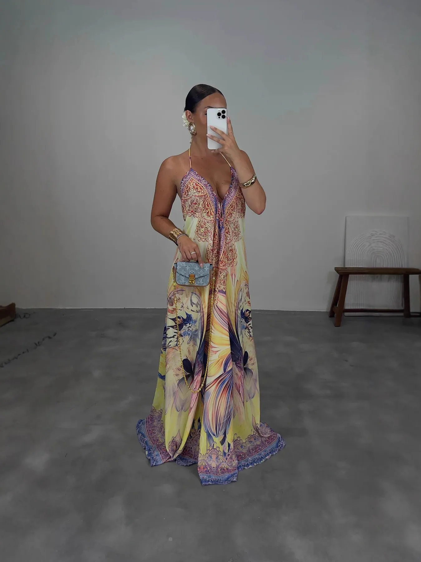 Robe Longue de Plage Bohème pour Femme Dos Nu Col en V Sans Manches Été Imprimée Balançoire Large en Polyester Décontractée