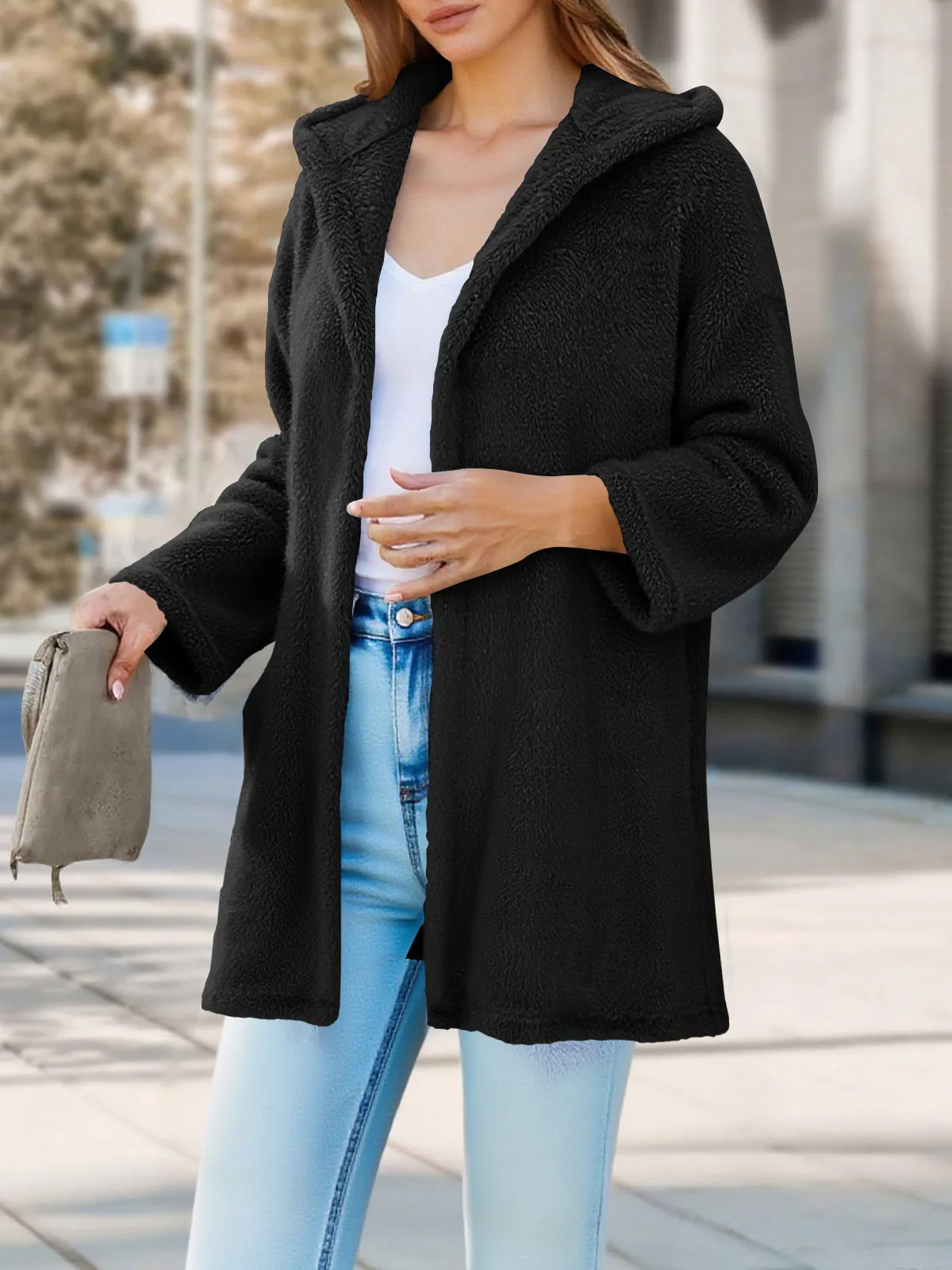 Women Casual Loose Plush Hooded Cardigan Jacket Polyester Spandex Solid Color Mid-Length Open Front Fleece Coat Fall Winter