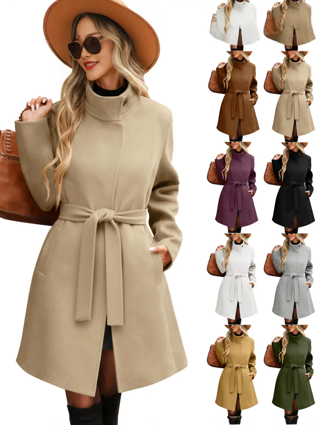 Cappotto in Lana a Collo Alto Rétro da Donna di Media Lunghezza Tinta Unita Elegante con Cintura a Fascia e Bottoni per Autunno Inverno