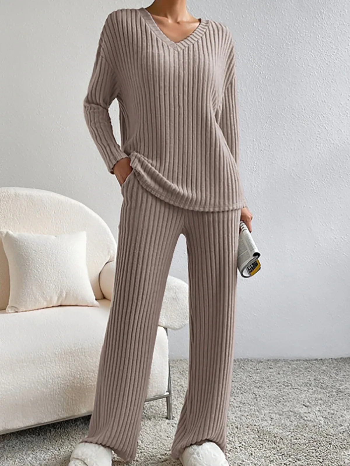 Conjunto De Camiseta Y Pantalón De Punto De Canalé Con Cuello En V Para Mujer Color Sólido De Manga Larga Y Pantalón Recto